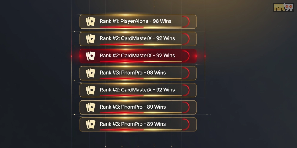 Bảng xếp hạng top game Phỏm trên rr99 với giao diện chơi mượt mà và người chơi tương tác.