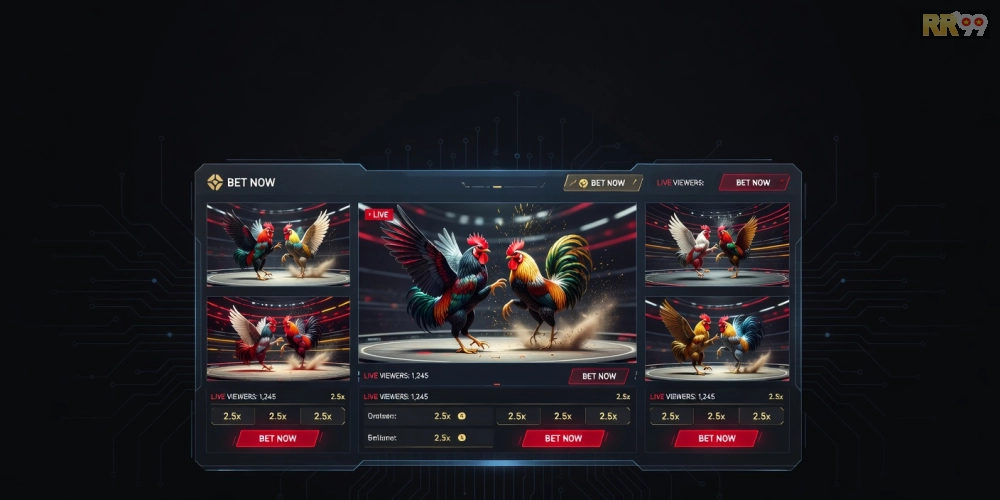 Minh họa giao diện nền tảng đá gà online rr99 với các trận đấu trực tiếp