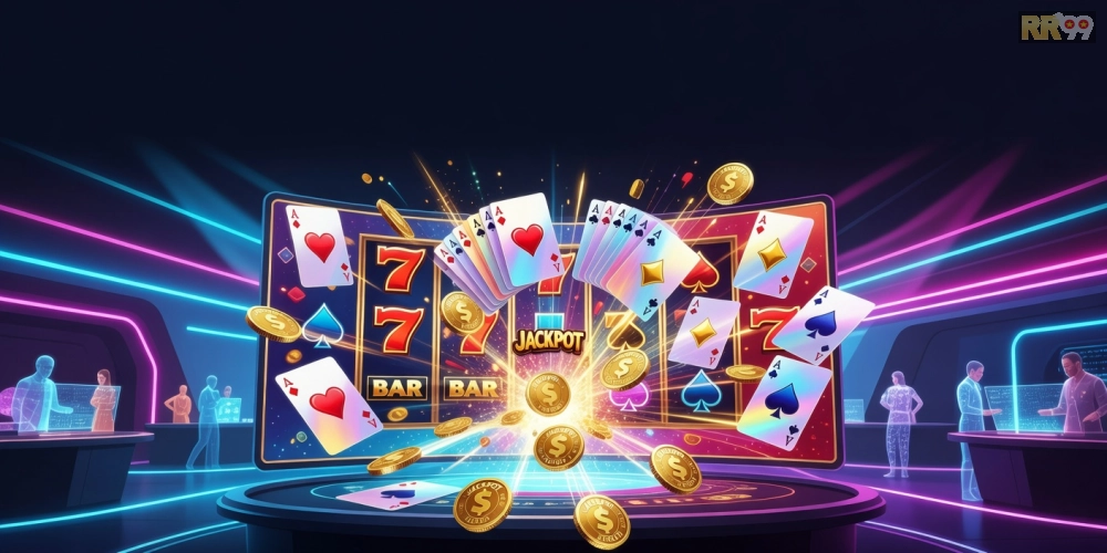 Minh họa khái niệm game bài nổ hũ rr99 với jackpot hấp dẫn và giao diện hiện đại