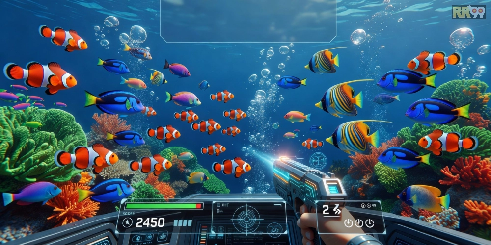 Hình minh họa khái niệm game bắn cá online rr99 với đại dương sống động và súng bắn cá đa dạng