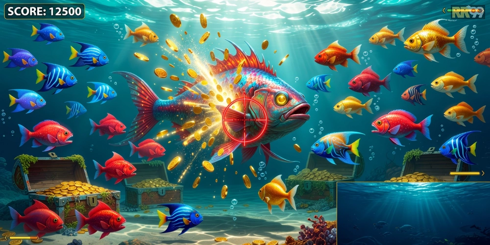 Hình ảnh gameplay Đại Dương Bắn Cá Rr99 với cá đa màu sắc và hiệu ứng bắn súng sống động