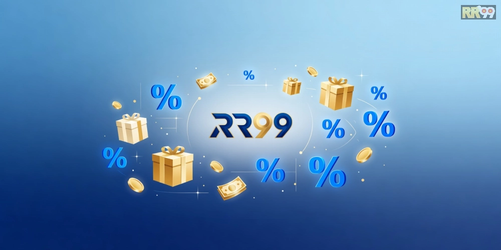 Hình minh họa khái niệm khuyến mãi RR99 với các ưu đãi hấp dẫn và biểu tượng tiền thưởng