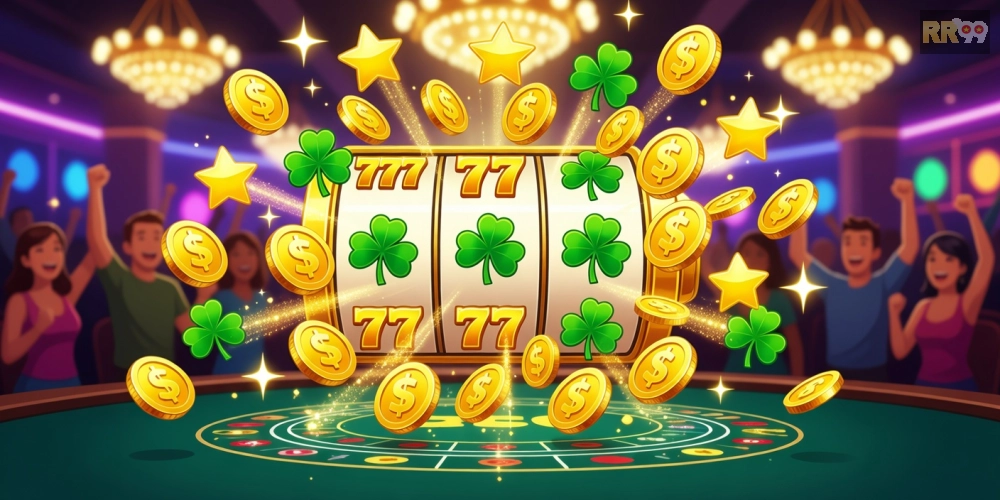 Hình ảnh minh họa game nổ hũ may mắn rr99 với biểu tượng jackpot rực rỡ và người chơi hứng khởi