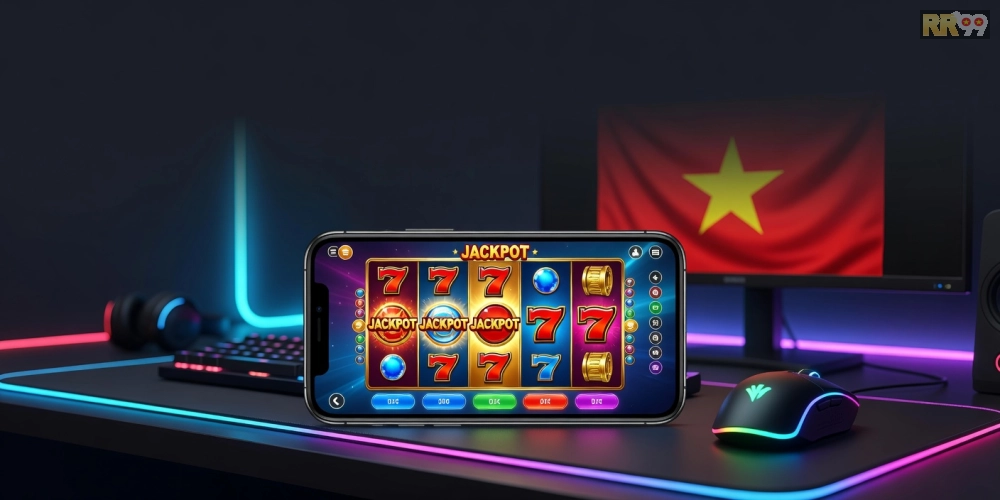 Minh họa khái niệm tải game nổ hũ rr99 với giao diện game hấp dẫn