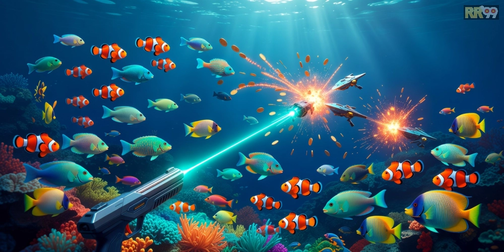 Hình ảnh đại dương rực rỡ trong game bắn cá rr99 với đàn cá sặc sỡ và súng bắn mạnh mẽ