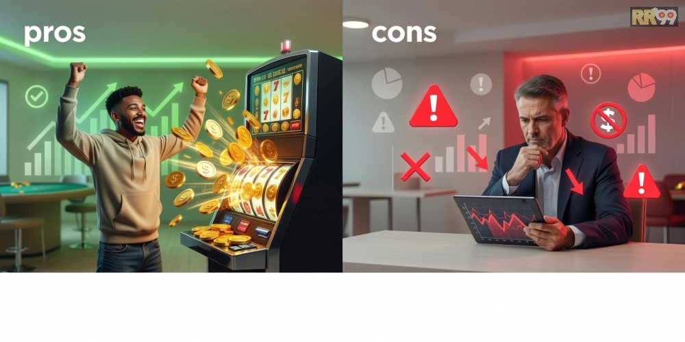 Hình ảnh so sánh ưu nhược điểm khi chơi game nổ hũ rr99 với jackpot lớn và rủi ro tiềm ẩn